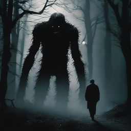 Create an image of a man being stalked by a detailed, monstrous creature in a dark, eerie atmosphere