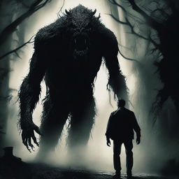 Create an image of a man being stalked by a detailed, monstrous creature in a dark, eerie atmosphere