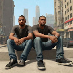 CJ from GTA San Andreas and Michael from GTA V sitting together in a stunt-filled, engaging city backdrop, suitable for a YouTube thumbnail.