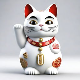 Generate a realistic image of a Maneki Neko, also known as a beckoning cat, wearing a necklace with the number nine on it