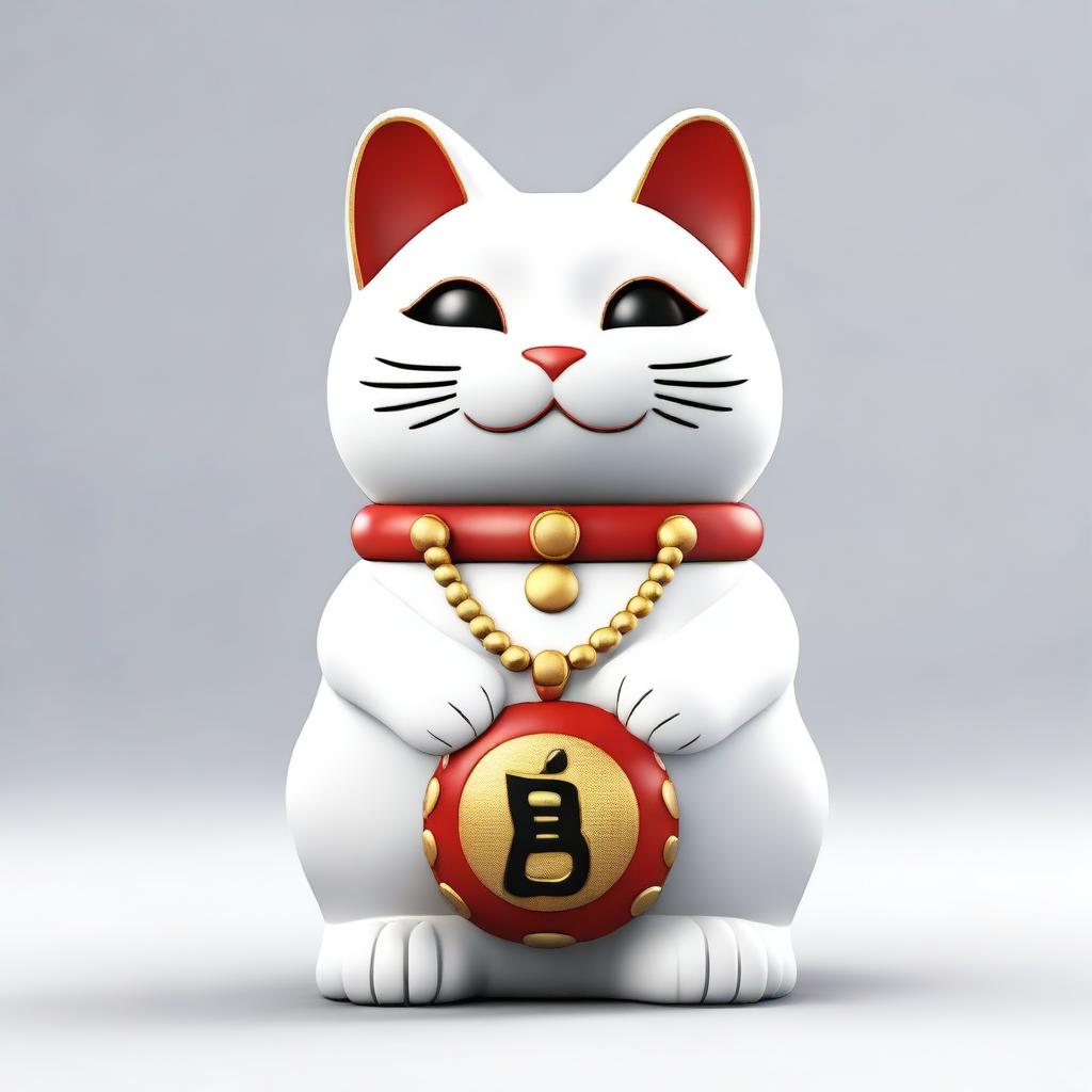 Generate a realistic image of a Maneki Neko, also known as a beckoning cat, wearing a necklace with the number nine on it