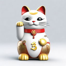 Generate a realistic image of a Maneki Neko, also known as a beckoning cat, wearing a necklace with the number nine on it