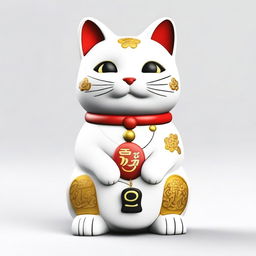 Generate a realistic image of a Maneki Neko, also known as a beckoning cat, wearing a necklace with the number nine on it