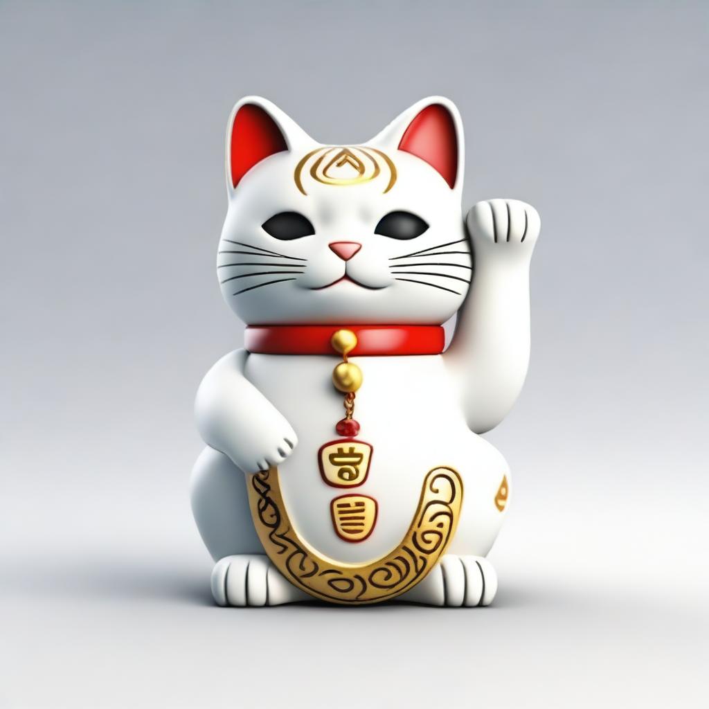 Generate a realistic image of a Maneki Neko, also known as a beckoning cat, wearing a necklace with the number nine on it