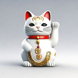 Generate a realistic image of a Maneki Neko, also known as a beckoning cat, wearing a necklace with the number nine on it