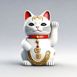 Generate a realistic image of a Maneki Neko, also known as a beckoning cat, wearing a necklace with the number nine on it