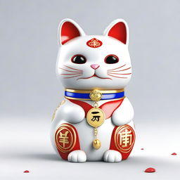 Generate a realistic image of a Maneki Neko, also known as a beckoning cat, wearing a necklace with the number nine on it