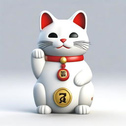 Generate a realistic image of a Maneki Neko, also known as a beckoning cat, wearing a necklace with the number nine on it