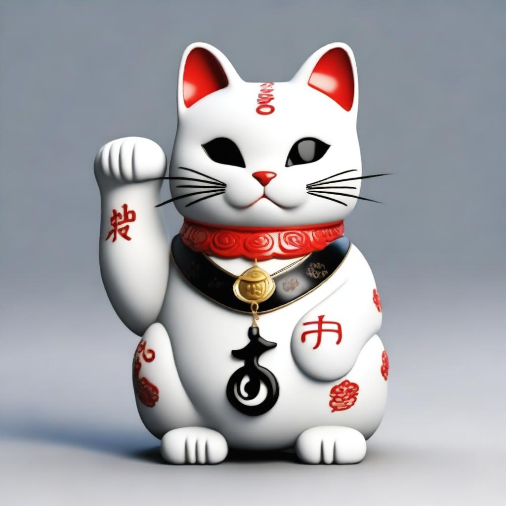 Generate a realistic image of a Maneki Neko, also known as a beckoning cat, wearing a necklace with the number nine on it