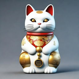 Generate a realistic image of a Maneki Neko, also known as a beckoning cat, wearing a necklace with the number nine on it