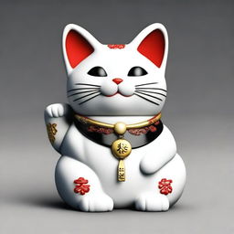 Generate a realistic image of a Maneki Neko, also known as a beckoning cat, wearing a necklace with the number nine on it