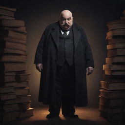 A cartoon-style character of an elderly, overweight magician with partially bald head and a big, scary moustache. His bleak eyes reflect a mysterious glow in a full-body portrait, set in a dark room filled with numerous magical books.