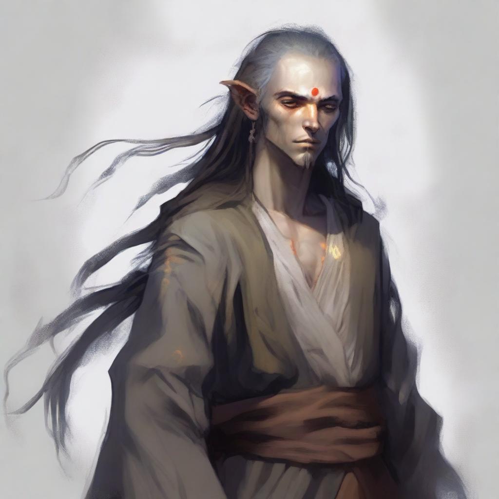 A semi-dark elf monk with a tattered appearance, long hair, and a happy, good-natured demeanor