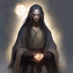 A semi-dark elf monk with a tattered appearance, long hair, and a happy, good-natured demeanor