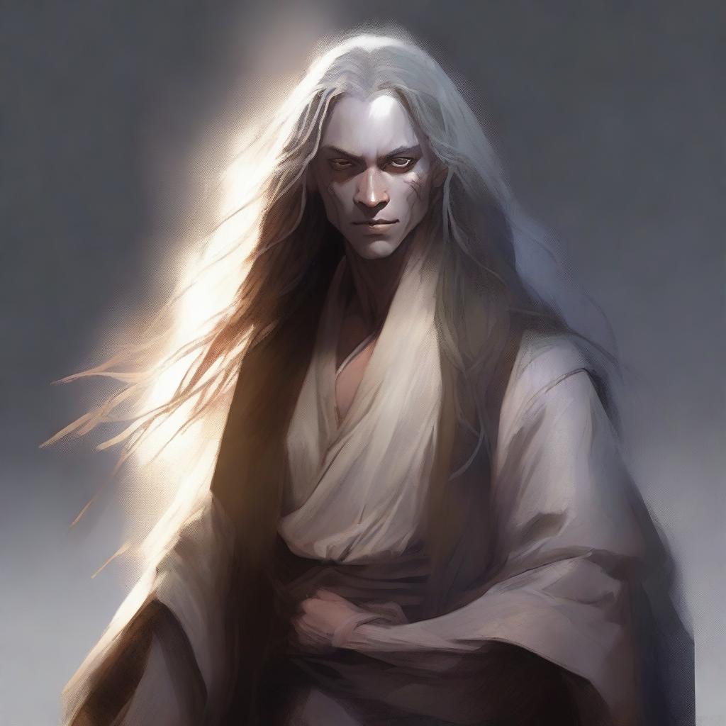 A semi-dark elf monk with a tattered appearance, long hair, and a happy, good-natured demeanor