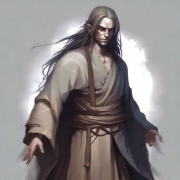 A semi-dark elf monk with a tattered appearance, long hair, and a happy, good-natured demeanor