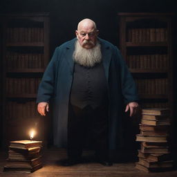 A cartoon-style character of an elderly, overweight magician with partially bald head and a big, scary moustache. His bleak eyes reflect a mysterious glow in a full-body portrait, set in a dark room filled with numerous magical books.