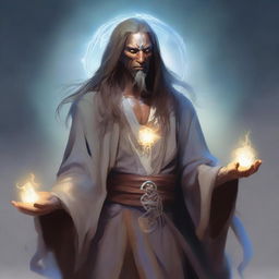 An astral monk of semi-dark elf race with a tattered appearance, long hair, and a happy, good-natured demeanor