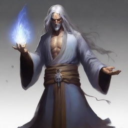 An astral monk of semi-dark elf race with a tattered appearance, long hair, and a happy, good-natured demeanor