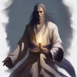 An astral monk of semi-dark elf race with a tattered appearance, long hair, and a happy, good-natured demeanor