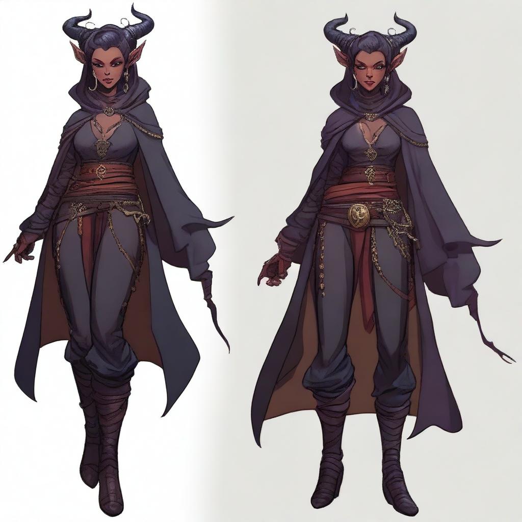 A medium-height Tiefling from the DND universe, dressed in witch attire