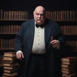 A cartoon-style character of an elderly, overweight magician with partially bald head and a big, scary moustache. His bleak eyes reflect a mysterious glow in a full-body portrait, set in a dark room filled with numerous magical books.