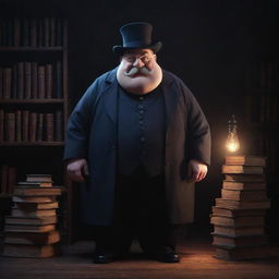 A cartoon-style character of an elderly, overweight magician with partially bald head and a big, scary moustache. His bleak eyes reflect a mysterious glow in a full-body portrait, set in a dark room filled with numerous magical books.