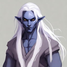 A half-elf Drow monk from the DND universe, with long hair and a kind face