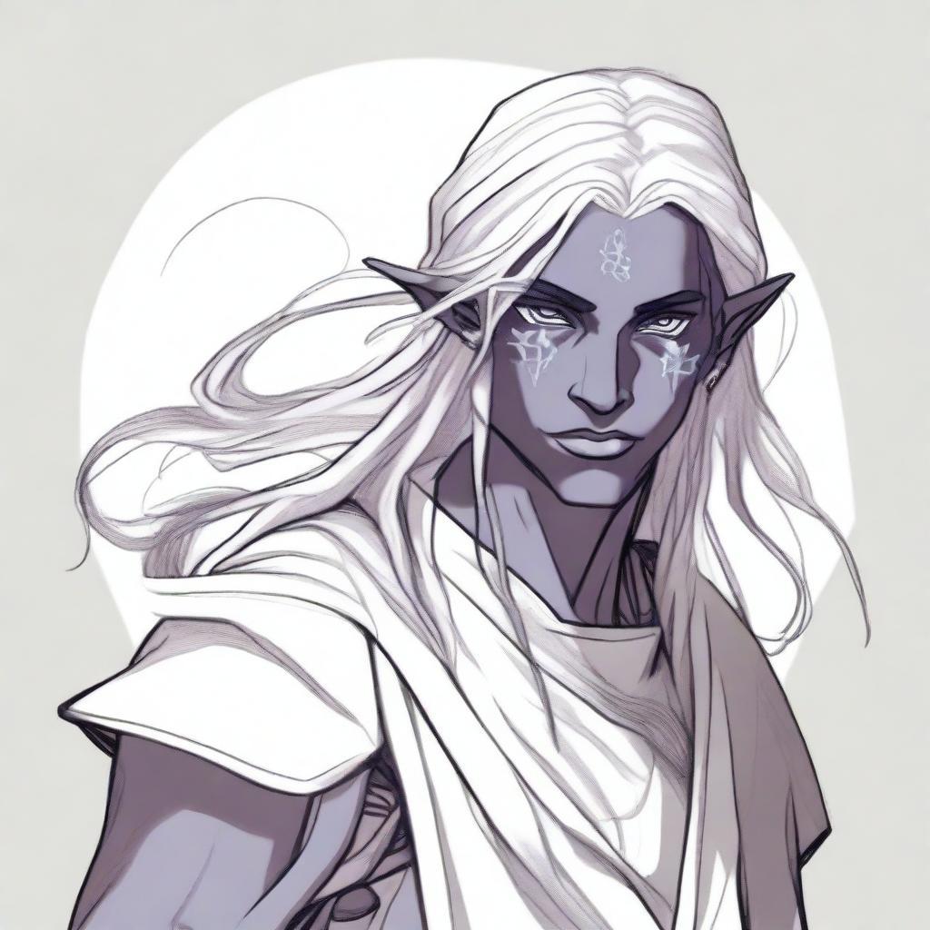 A half-elf Drow monk from the DND universe, with long hair and a kind face