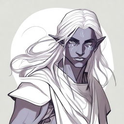 A half-elf Drow monk from the DND universe, with long hair and a kind face