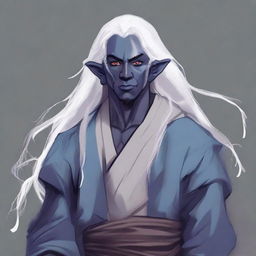 A half-elf Drow monk from the DND universe, with long hair and a kind face