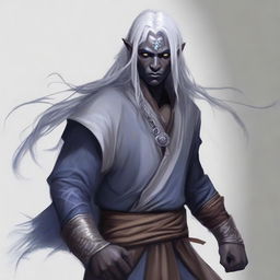 A half-elf Drow monk from the DND universe, with long hair and a kind face