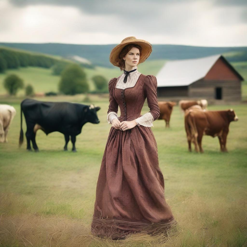 A fashionable woman with auburn hair wearing a beautiful 1885 bustle dress stands elegantly on a dairy farm