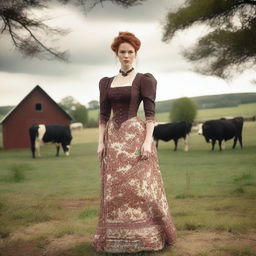 A fashionable woman with auburn hair wearing a beautiful 1885 bustle dress stands elegantly on a dairy farm