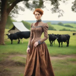 A fashionable woman with auburn hair wearing a beautiful 1885 bustle dress stands elegantly on a dairy farm