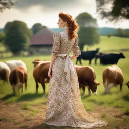 A fashionable woman with auburn hair wearing a beautiful 1885 bustle dress stands elegantly on a dairy farm