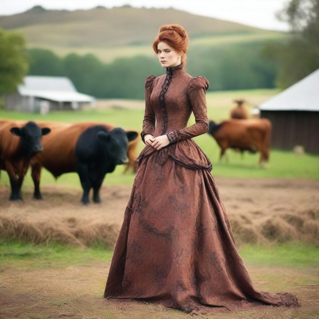 A fashionable woman with auburn hair wearing a stunning 1885 Victorian bustle dress stands elegantly on a dairy farm