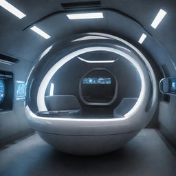 An authentically detailed image of a futuristic-looking, immersive, and high-tech pod.