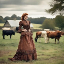 A fashionable woman with auburn hair wearing a stunning 1885 Victorian bustle dress stands elegantly on a dairy farm