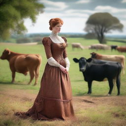 A fashionable woman with auburn hair wearing a stunning 1885 Victorian bustle dress stands elegantly on a dairy farm