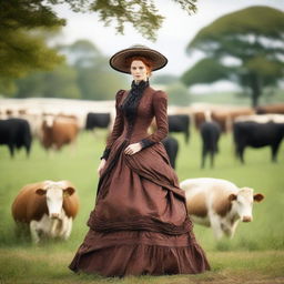 A fashionable woman with auburn hair wearing a stunning 1885 Victorian bustle dress stands elegantly on a dairy farm