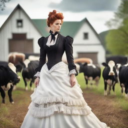 A fashionable woman with auburn hair wearing a stunning 1885 Victorian bustle dress stands elegantly on a dairy farm