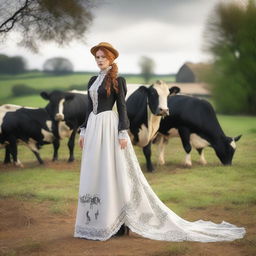 A fashionable woman with auburn hair wearing a stunning 1885 Victorian bustle dress stands elegantly on a dairy farm