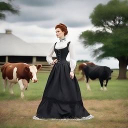 A fashionable woman with auburn hair wearing a stunning 1885 Victorian bustle dress stands elegantly on a dairy farm