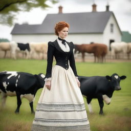 A fashionable woman with auburn hair wearing a stunning 1885 Victorian bustle dress stands elegantly on a dairy farm