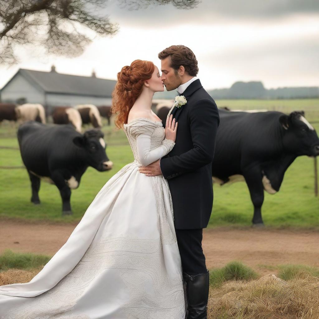 A fashionable woman with auburn hair wearing a stunning 1885 Victorian bustle dress stands on a dairy farm, kissing Henry Cavill