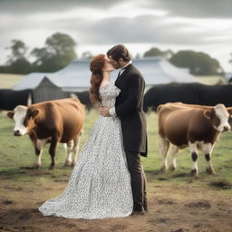 A fashionable woman with auburn hair wearing a stunning 1885 Victorian bustle dress stands on a dairy farm, kissing Henry Cavill