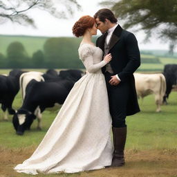 A fashionable woman with auburn hair wearing a stunning 1885 Victorian bustle dress stands on a dairy farm, kissing Henry Cavill