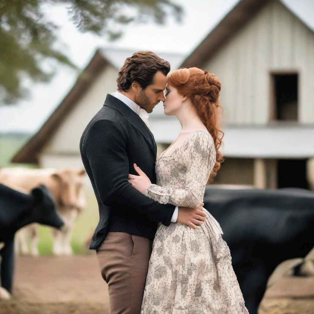 A fashionable woman with auburn hair wearing a stunning 1885 Victorian bustle dress stands on a dairy farm, kissing Henry Cavill