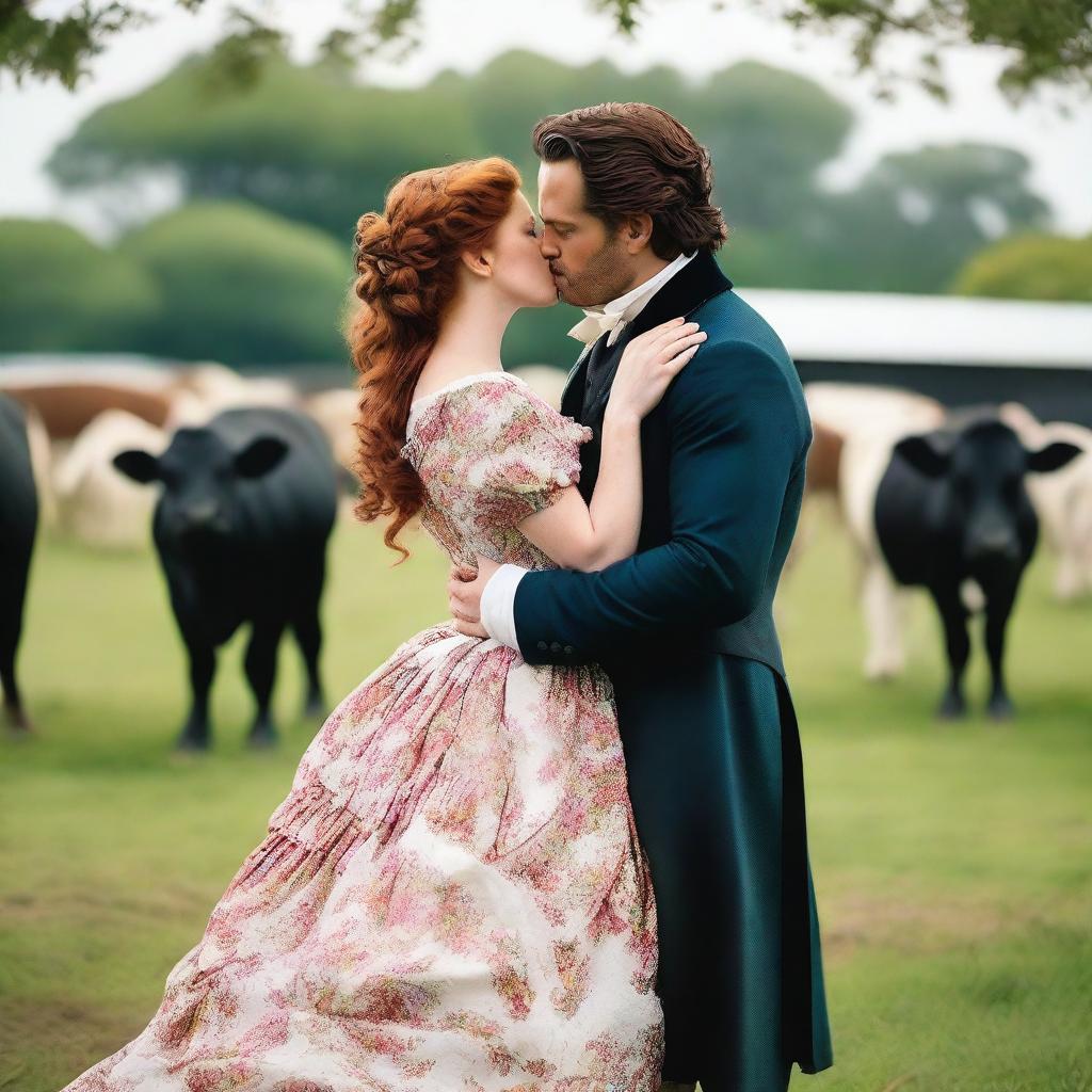 A fashionable woman with auburn hair wearing a colorful 1885 Victorian bustle dress stands on a dairy farm, kissing Henry Cavill